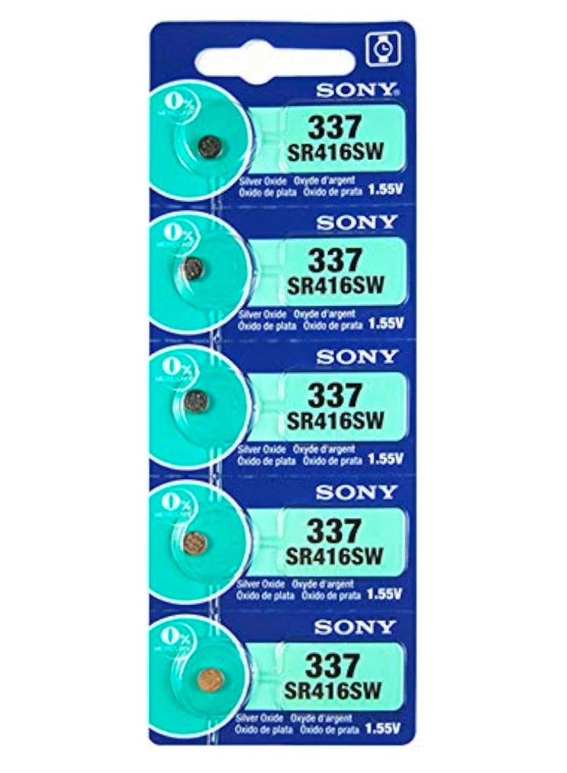 Sony 337 SR416SW 1.55V Silver Oxide Button Cell Batteries for Watches (5-Piece Pack)
