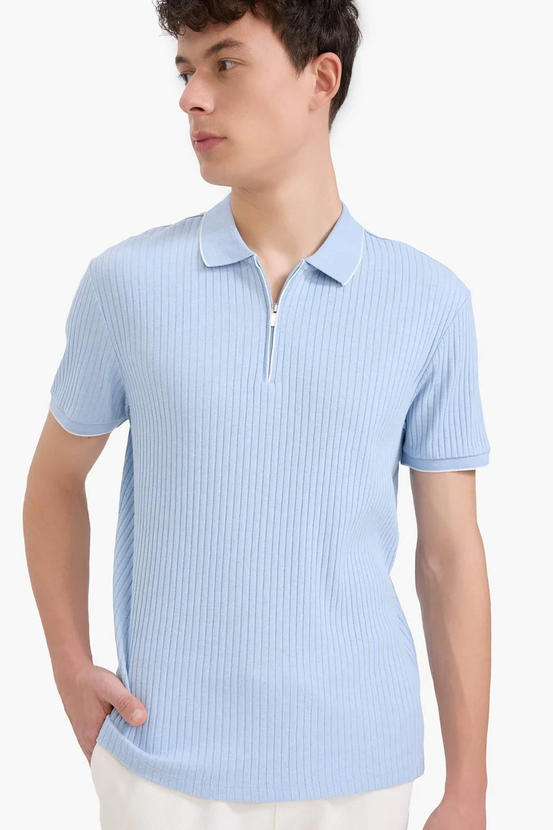 ديفاكتو Slim Fit Ribbed Camisole Half Zip-Up Polo T-Shirt