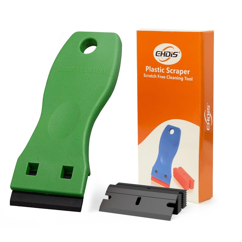 EHDIS 1.5" Plastic Razor Scraper with 10pcs Double Edged Plastic Blades for Removing Labels Stickers Decals on Glass Windows (Green) - Image 1