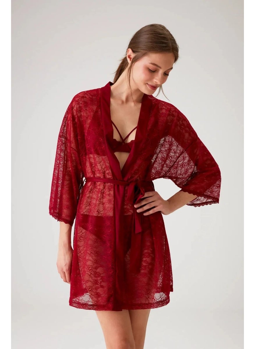 pierre cardin 4663 Women's Lace Dressing Gown - Burgundy  - Image 1
