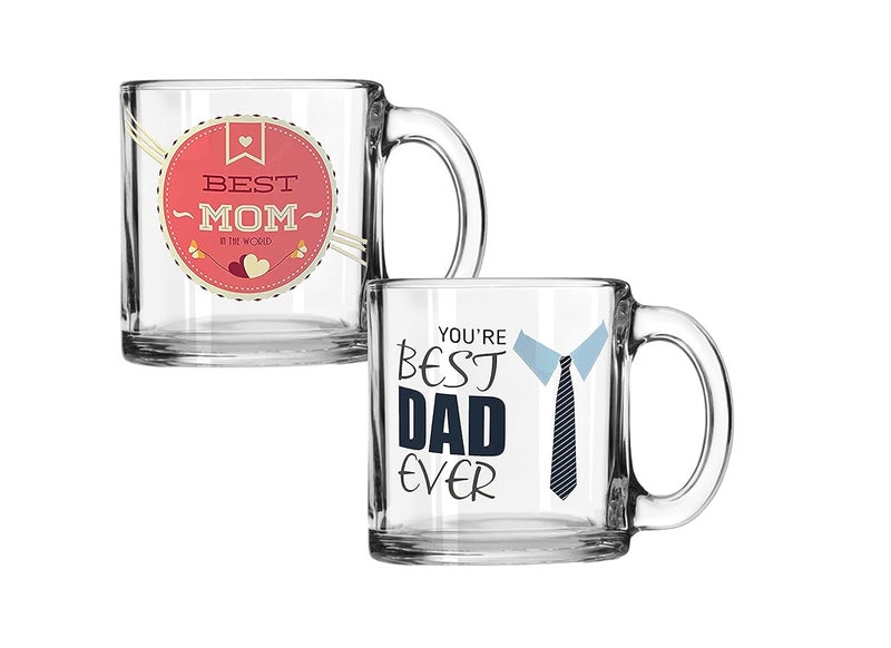 V Kraft V Kraft Best mom dad Ever Couple Matching Transparent Glass Mug Set of 2 Unique and Stylish Transparent Coffee Mug Tea Cup Gift for Anyone On Any Occasion 330ml - Image 1