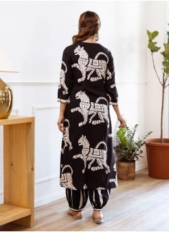 ISHIN Regular Fit Embellished Pattern Round Neck Neck Three-Quarter Sleeve Black Colour Knitted Rayon Kurta Set for Women with Mid-Rise Closure - A Statement Piece for Every Look  - Image 3