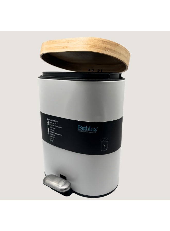 Bathlux 6-liter white metal wastebasket, oval waste bin with stainless steel foot pedal and premium wooden lid - Image 3