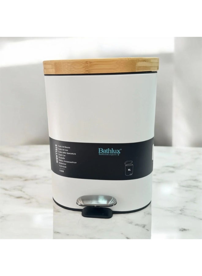 Bathlux 6-liter white metal wastebasket, oval waste bin with stainless steel foot pedal and premium wooden lid - Image 2