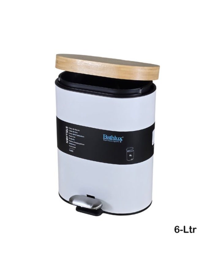 Bathlux 6-liter white metal wastebasket, oval waste bin with stainless steel foot pedal and premium wooden lid - Image 1