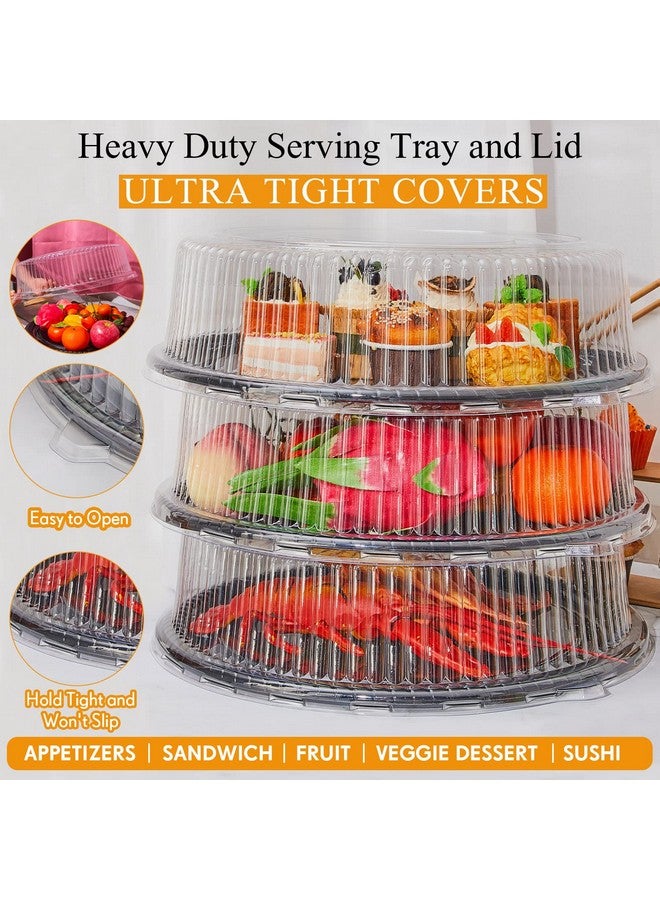 Tessco 24 Pack 12 Inch Heavy Duty Serving Tray with Clear Lid and Sporks, Large Plastic Tray with Elegant Platter Round Black Disposable for Fruit Sandwich Party Takeout Food Catering Picnic - Image 3