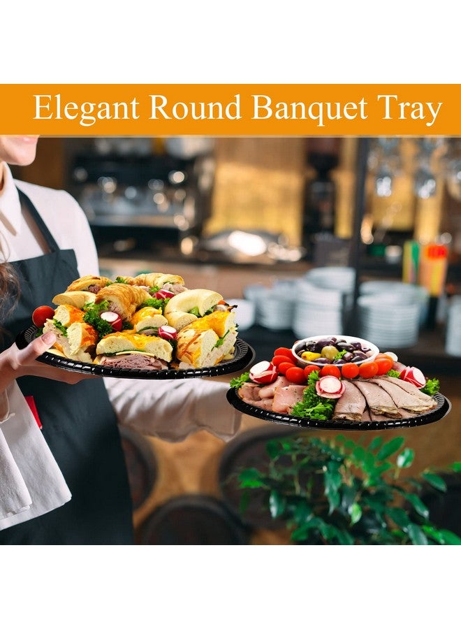 Tessco 24 Pack 12 Inch Heavy Duty Serving Tray with Clear Lid and Sporks, Large Plastic Tray with Elegant Platter Round Black Disposable for Fruit Sandwich Party Takeout Food Catering Picnic - Image 4