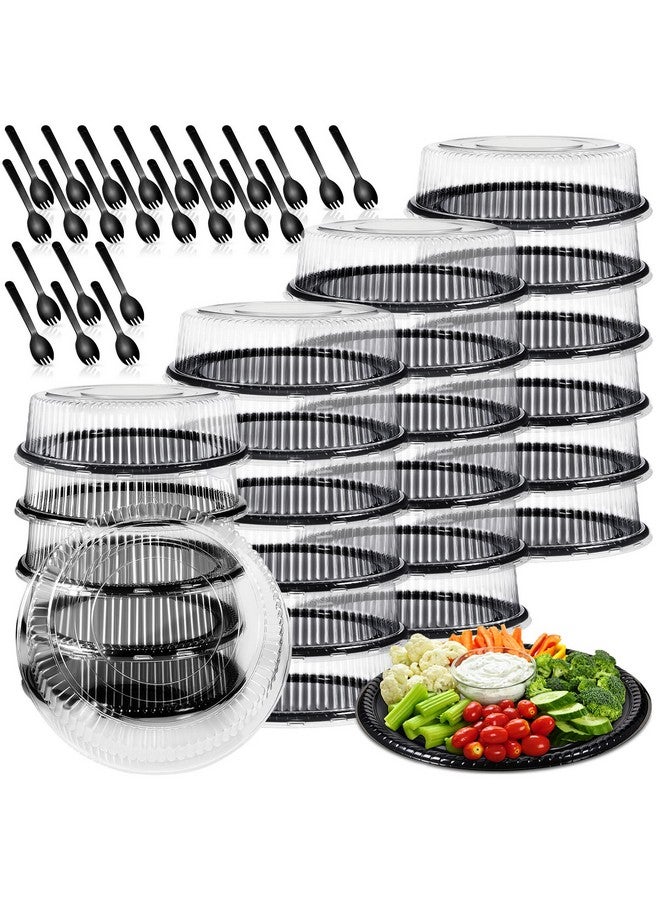 Tessco 24 Pack 12 Inch Heavy Duty Serving Tray with Clear Lid and Sporks, Large Plastic Tray with Elegant Platter Round Black Disposable for Fruit Sandwich Party Takeout Food Catering Picnic - Image 1