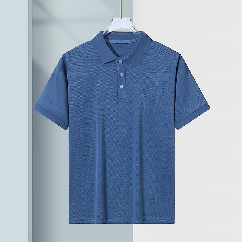 Short-sleeved POLO Mens Ice Silk Traceless T-shirt Solid Color Lapel Summer Breathable Casual Loose Top Fashionable All-match Pure blue [butterfly polo shirt] 