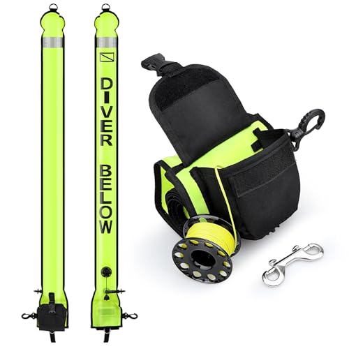 Owekfifv Surface Marker Buoy Scuba with Reel, 5ft High Visibility Diving Open Bottom Signal Tube Safety Sausage with Pouch Bag, 100ft ABS Dive Reel and Steel Double-Ended Bolt Snap (Hi-Vi Yellow) - Image 1