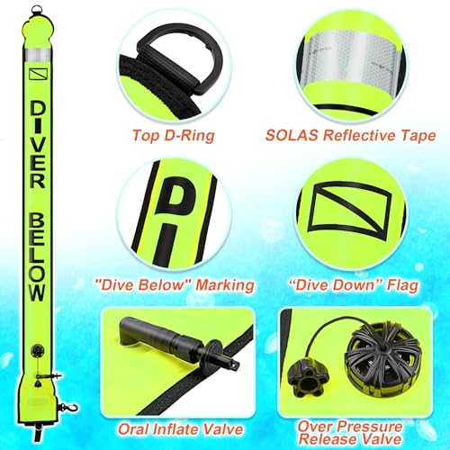 Owekfifv Surface Marker Buoy Scuba with Reel, 5ft High Visibility Diving Open Bottom Signal Tube Safety Sausage with Pouch Bag, 100ft ABS Dive Reel and Steel Double-Ended Bolt Snap (Hi-Vi Yellow) - Image 4