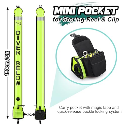 Owekfifv Surface Marker Buoy Scuba with Reel, 5ft High Visibility Diving Open Bottom Signal Tube Safety Sausage with Pouch Bag, 100ft ABS Dive Reel and Steel Double-Ended Bolt Snap (Hi-Vi Yellow) - Image 3