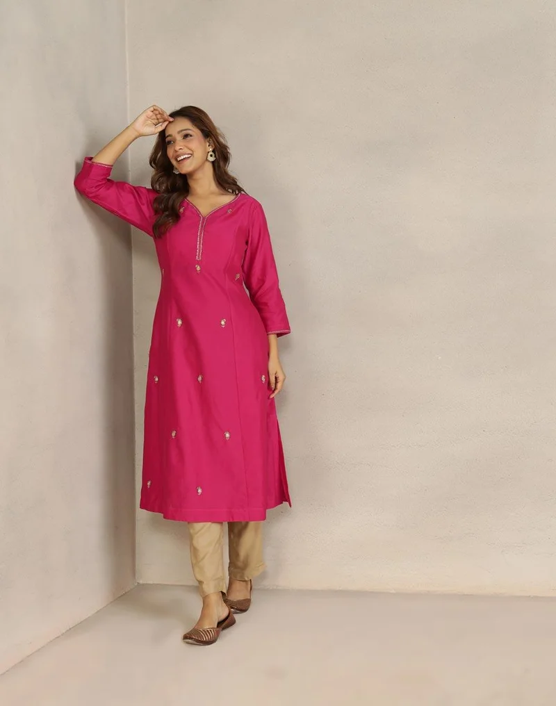 Fabindia Pink Cotton Silk Embroidered Long Kurta