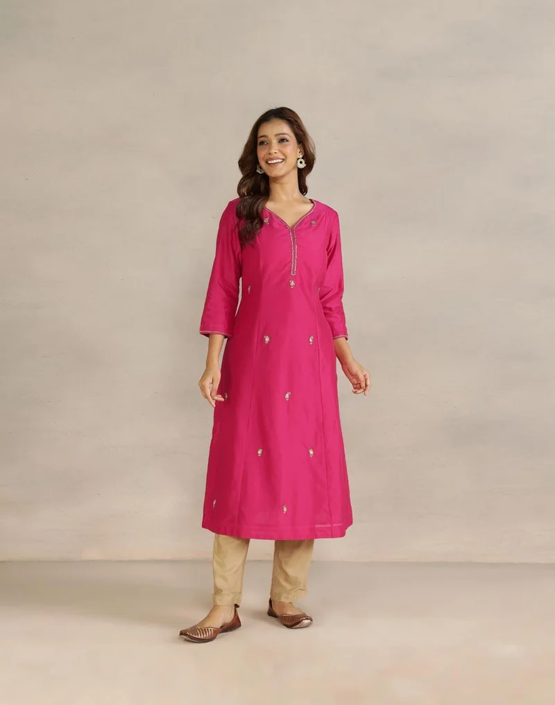 Fabindia Pink Cotton Silk Embroidered Long Kurta