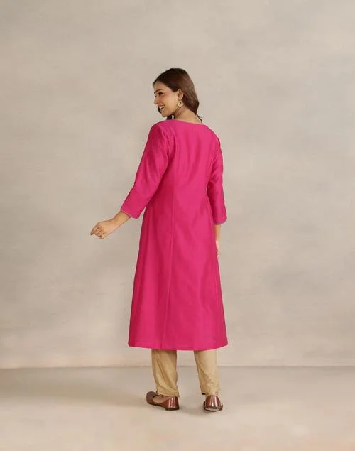 Fabindia Pink Cotton Silk Embroidered Long Kurta