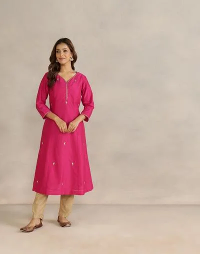 Fabindia Pink Cotton Silk Embroidered Long Kurta