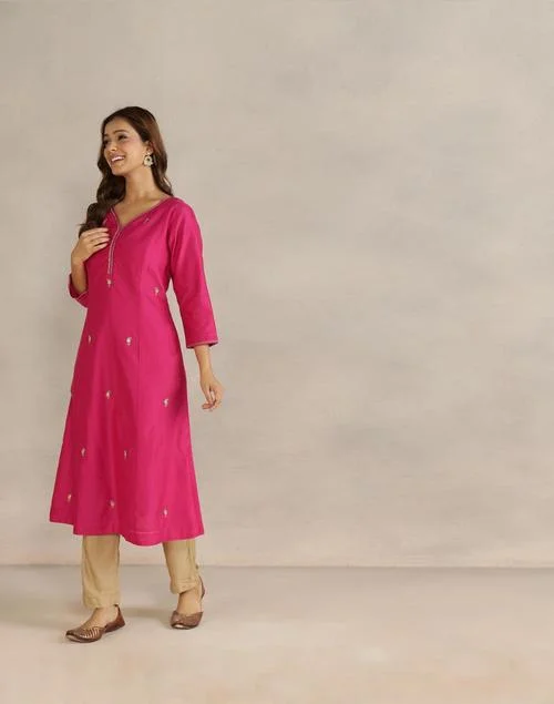 Fabindia Pink Cotton Silk Embroidered Long Kurta