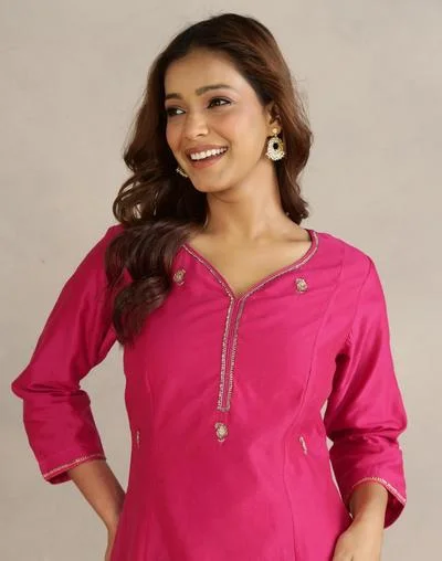 Fabindia Pink Cotton Silk Embroidered Long Kurta