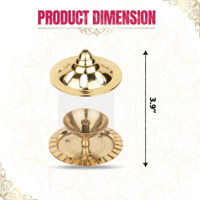 Klassic Navjyoti 4 Inch Small Diya with Borosilicate Glass Shade for Mandir Decorative Brass Glass Oil Lamp Lantern Diya with Glass Cover for Prayers Cylindrical Borosilicate Glass DiyaPack of 2 - Image 5