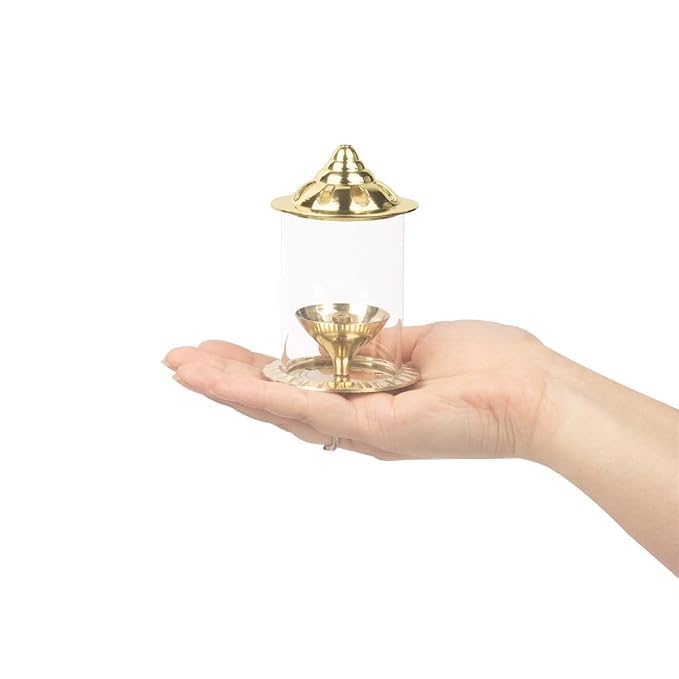 Klassic Navjyoti 4 Inch Small Diya with Borosilicate Glass Shade for Mandir Decorative Brass Glass Oil Lamp Lantern Diya with Glass Cover for Prayers Cylindrical Borosilicate Glass DiyaPack of 2 - Image 2