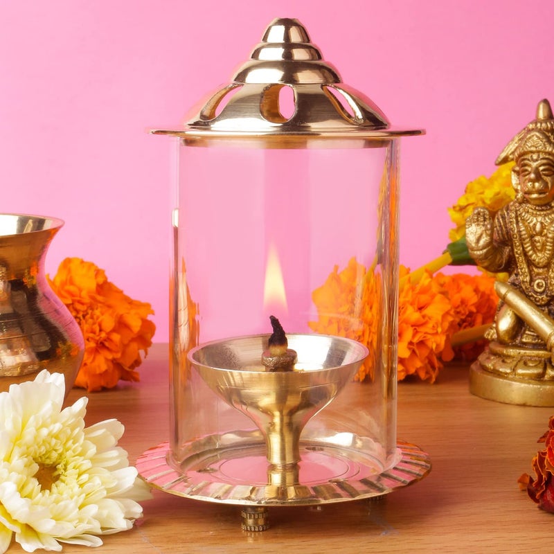 Klassic Navjyoti 4 Inch Small Diya with Borosilicate Glass Shade for Mandir Decorative Brass Glass Oil Lamp Lantern Diya with Glass Cover for Prayers Cylindrical Borosilicate Glass DiyaPack of 2 - Image 4