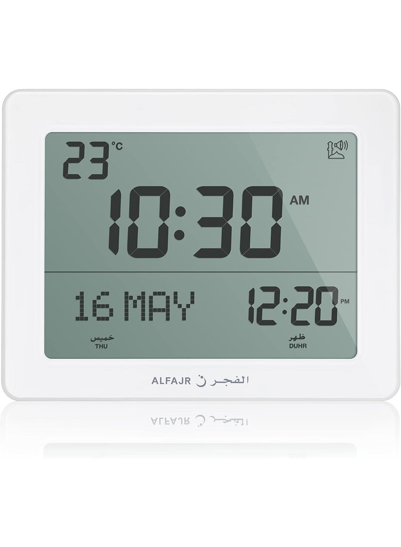 الفجر ساعة الفجر الرقمية للطاولة | ساعة منبه أوتوماتيكية للصلاة الإسلامية CF-19 بخمسة أصوات أذان مختلفة | ساعة رمضانية للحائط والمكتب مزودة بإضاءة خلفية LCD، وتاريخ ميلادي وهجري، وعرض لدرجة الحرارة، وأوقات صلاة عالمية مبرمجة مسبقًا (أبيض)