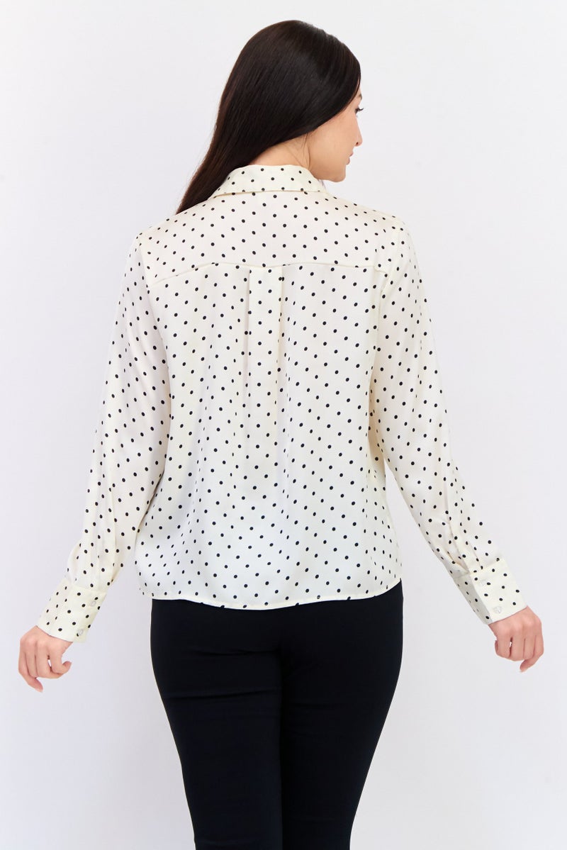 KOTON Women Spread Collar Long Sleeves Polka Dots Shirt, Off White  - Image 2