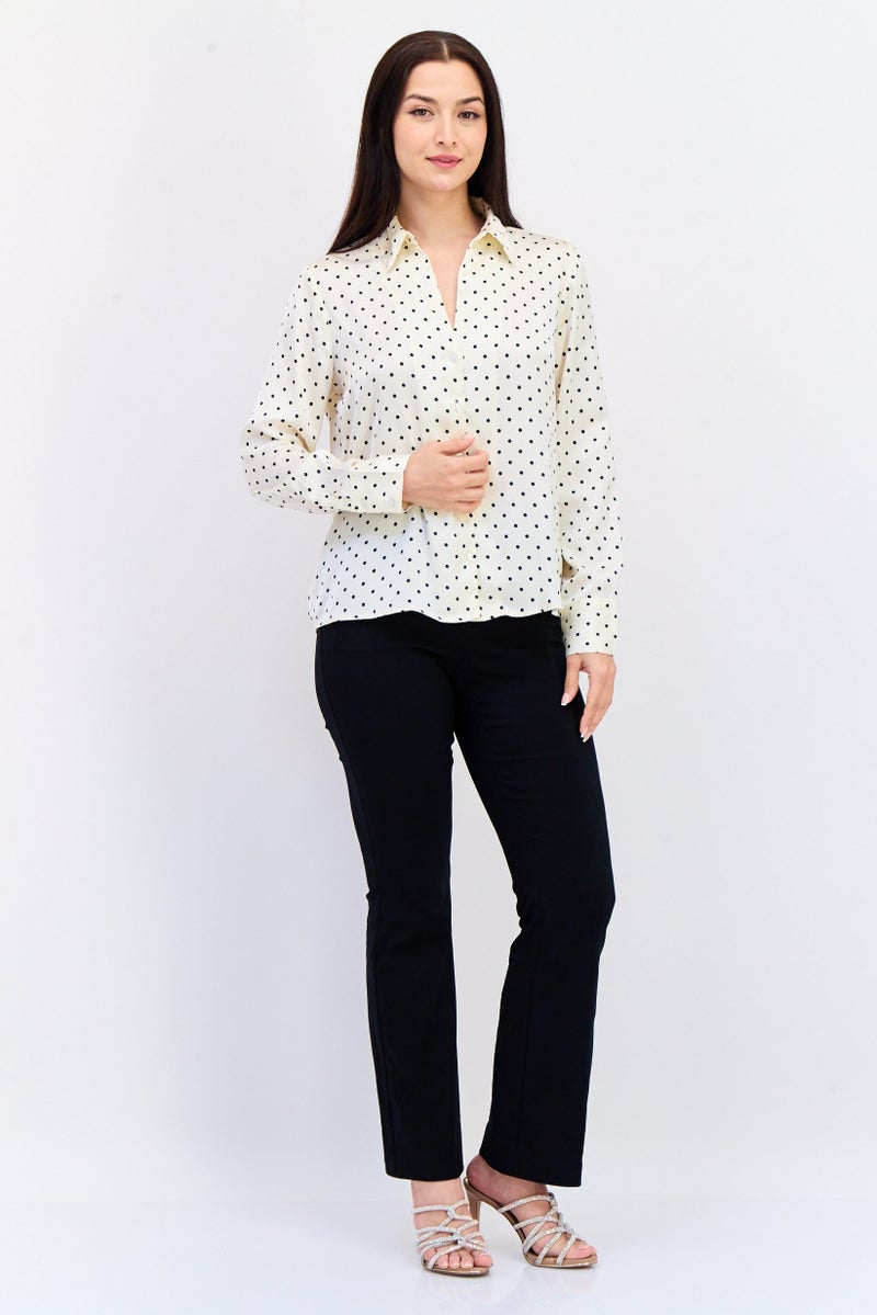 KOTON Women Spread Collar Long Sleeves Polka Dots Shirt, Off White  - Image 4