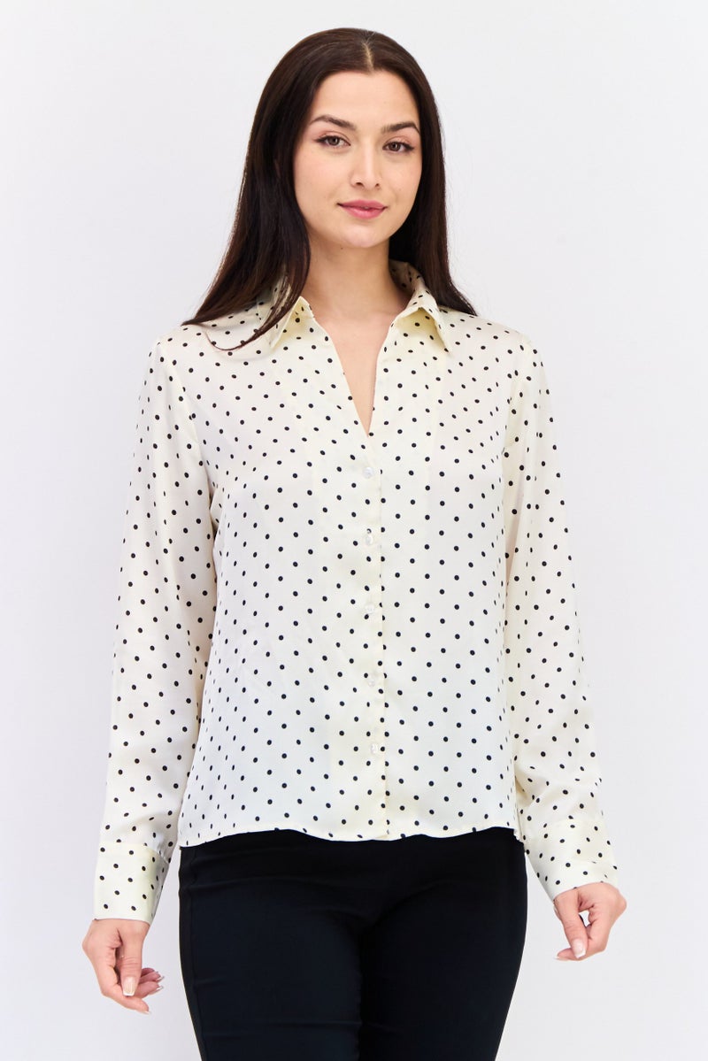 KOTON Women Spread Collar Long Sleeves Polka Dots Shirt, Off White  - Image 1