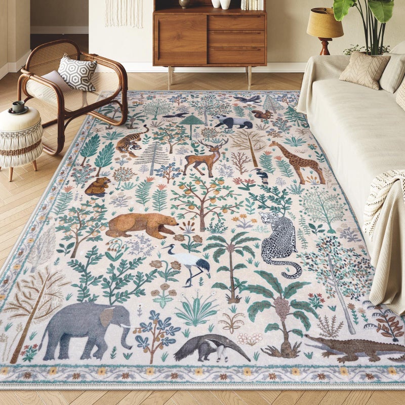 OJIA Jungle 8x10 Area Rugs for Living Room Bedroom Large Washable Rugs, Thin Modern Nursery Rug Non-Shedding Kids Playroom Rug Stain Resistant Large Carpet Neutral Rugs for Kids Room Dining - Image 1