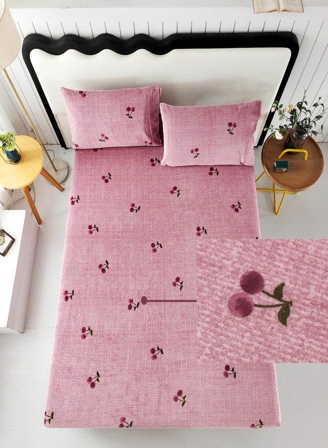 MAG 3Pcs Pink Twin Flannel Cherry Bed Sheets,Cute Bed Sheets,Cherry Bedding Sheet Set,Kawaii Microfiber Fluffy Warm,Super Soft,Girls Boys Kids Twin Sheets,1 Fitted Sheet and 2 Pillowcases Only. - Image 4