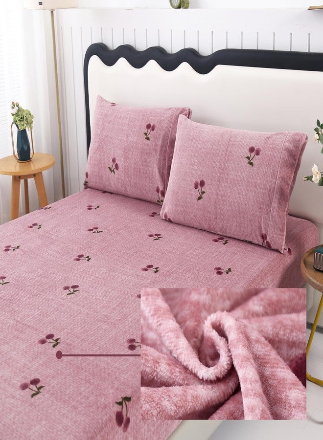 MAG 3Pcs Pink Twin Flannel Cherry Bed Sheets,Cute Bed Sheets,Cherry Bedding Sheet Set,Kawaii Microfiber Fluffy Warm,Super Soft,Girls Boys Kids Twin Sheets,1 Fitted Sheet and 2 Pillowcases Only. - Image 1