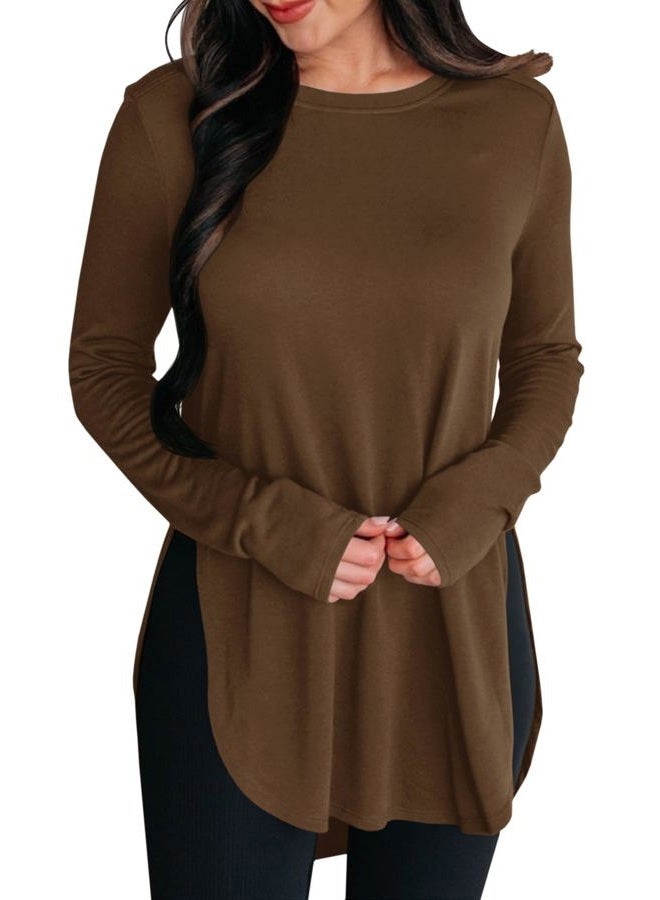 BZB Womens Long Sleeve Tunic Tops Fall Casual Crew Neck Side Split Hi-Low Hem Loose Shirts To Wear With Leggings Brown - Image 1