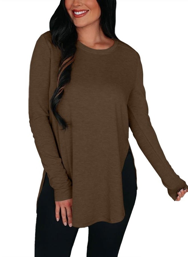 BZB Womens Long Sleeve Tunic Tops Fall Casual Crew Neck Side Split Hi-Low Hem Loose Shirts To Wear With Leggings Brown - Image 4