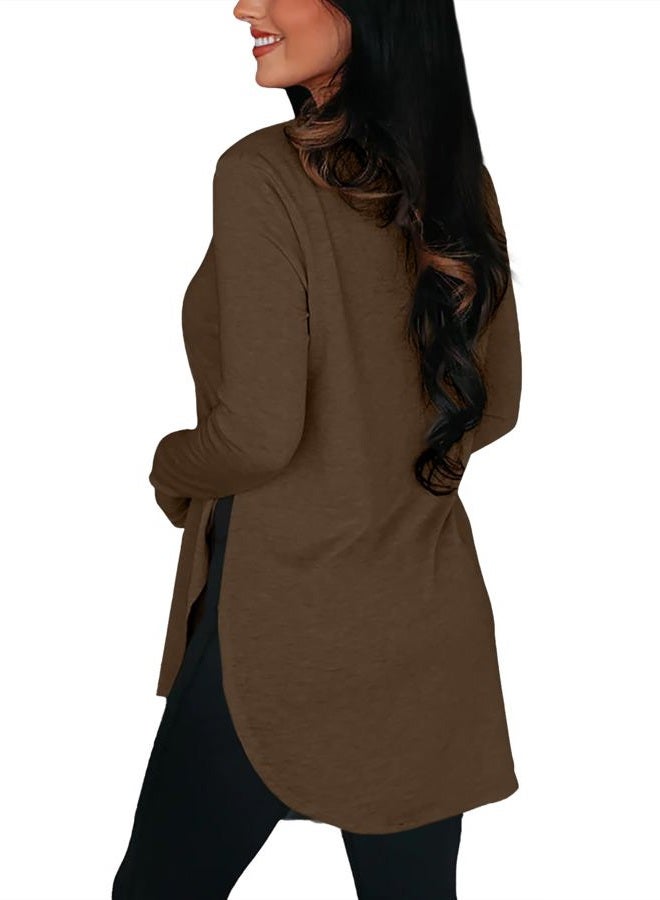 BZB Womens Long Sleeve Tunic Tops Fall Casual Crew Neck Side Split Hi-Low Hem Loose Shirts To Wear With Leggings Brown - Image 2