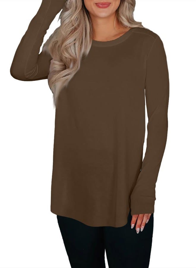 BZB Womens Long Sleeve Tunic Tops Fall Casual Crew Neck Side Split Hi-Low Hem Loose Shirts To Wear With Leggings Brown - Image 5
