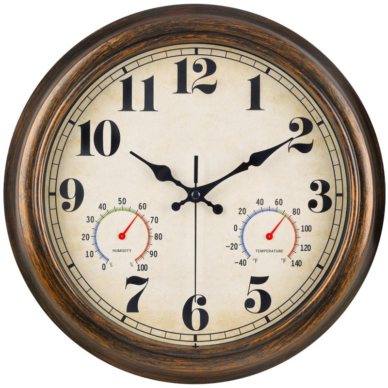 45MinST 13-Inch Vintage Outdoor Wall Clock with Thermometer and Hygrometer, Waterproof, Large Numbers, Silent, for Indoor and Outside Use,Porch,Garden,Pool(Bronze) - Image 1