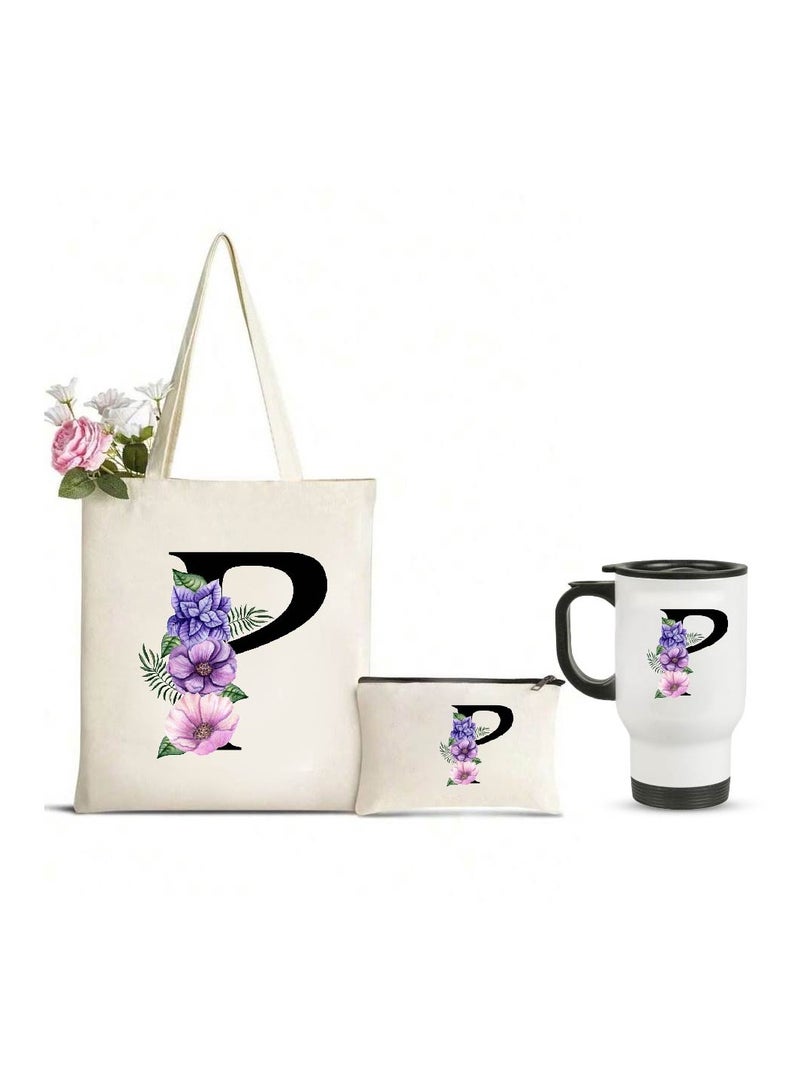 PRINTSHOP4ME Initial Letters Canvas Cotton Tote Bag, Cosmetic Pouch, and Stainless Steel Travel Mug - A Stylish Pack of 3 Combo Set for Girls - Gift for wedding - Gifts for girls - Gift for friends - Image 1