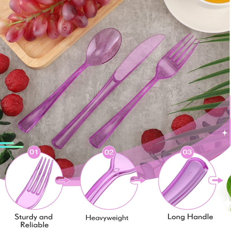 Minatee 150 Pieces Disposable Cutlery Set Plastic Silverware Heavy Duty Utensil Sets 50 Forks 50 Knives 50 Spoons for Home Office School Party Picnics Restaurant Outdoor Events or Every Day Use (Purple) - Image 3