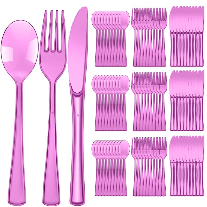 Minatee 150 Pieces Disposable Cutlery Set Plastic Silverware Heavy Duty Utensil Sets 50 Forks 50 Knives 50 Spoons for Home Office School Party Picnics Restaurant Outdoor Events or Every Day Use (Purple) - Image 1