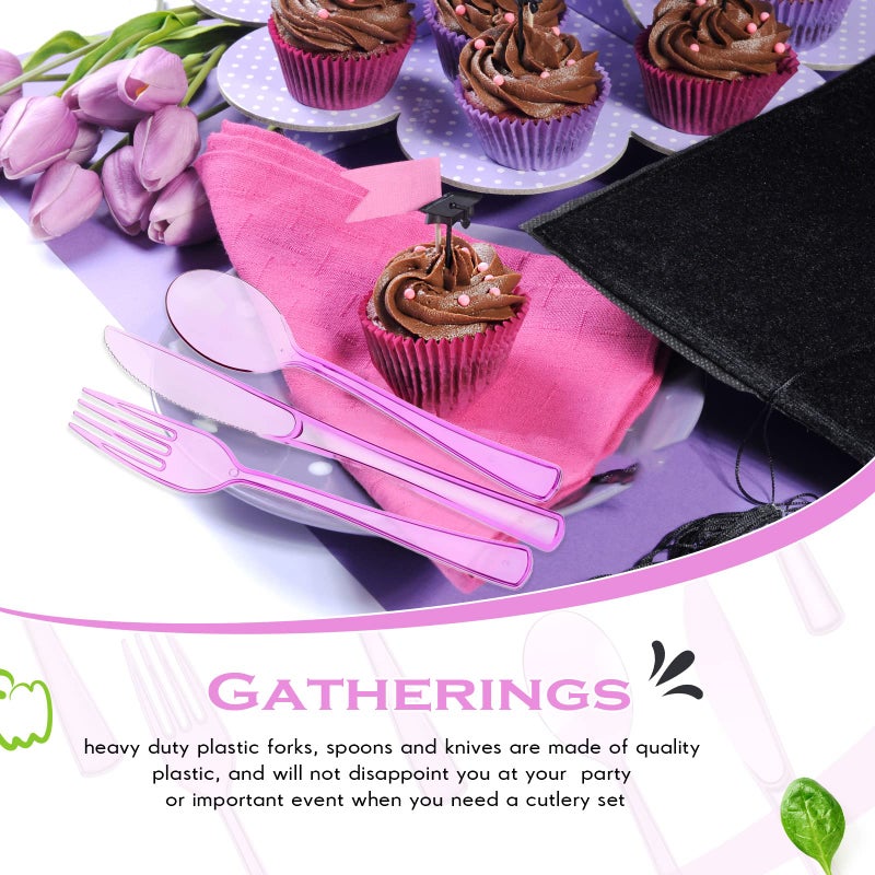 Minatee 150 Pieces Disposable Cutlery Set Plastic Silverware Heavy Duty Utensil Sets 50 Forks 50 Knives 50 Spoons for Home Office School Party Picnics Restaurant Outdoor Events or Every Day Use (Purple) - Image 5