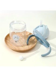 PRO Baby Cartoon Print Learning Drinking Straw Soft Anti-bite Anti-fall Cup with Handle Blue  - Image 2