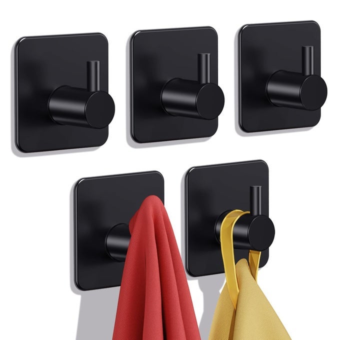 ADHESIVE HOOKS HEAVY DUTY 30LBMAX WALL HOOKS 5 PACK SELF ADHESIVE DAMAGE FREE TOWEL RACK STAINLESS STEEL FOR COAT ROBE WATERPROOF OILPROOF RUSTPROOF FOR BATHROOM SHOWER KITCHEN OFFICE