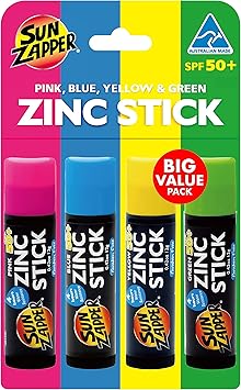 Sun Zapper Zinc Stick Pink Blue Green Yellow Face Sunblock Rainbow 4Pack SPF50 Coloured Zinc Sunscreen Sticks Made in Australia - Image 1