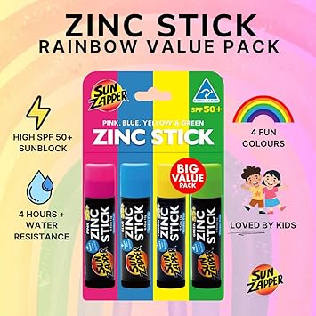 Sun Zapper Zinc Stick Pink Blue Green Yellow Face Sunblock Rainbow 4Pack SPF50 Coloured Zinc Sunscreen Sticks Made in Australia - Image 2