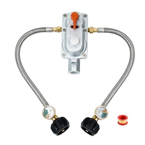 Skyflame 2-Stage Auto Changeover Propane Gas Rv Regulator Kit with 2PCS Gauges and 12-Inch Braided Connection Hoses for Dual Propane Tank RV Trailers Camper - Image 1