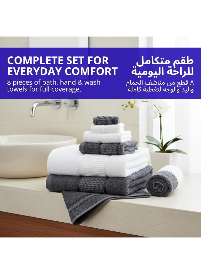 Home Dwell Premium Bath Towels Set - Set of 8 - 100% Cotton Highly Absorbent 2 Bath Towels, 2 Hand Towels and 4 Washcloths - Hotel & Spa Quality Bath Towels - Grey & White - Image 3