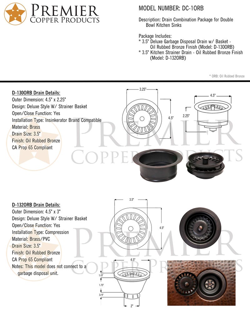 Premier Copper Products DC-1ORB Drain Combination Package for Double Bowl Kitchen Sinks, Oil Rubbed Bronze - Image 3