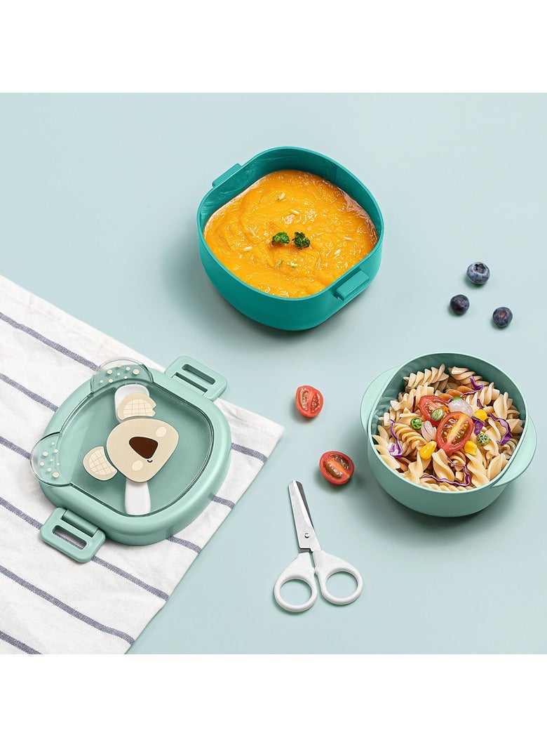 أطفال الهوغوز أدوات المائدة الخاصة بالأطفال صندوق الغداء إناء الطعام المحمول الغطاء مجموعة المقص إناء الملعقة متعدد القطع مجموعة الطعام مع وظيفة التجليخ سهولة تنظيف درجة الحرارة القابلة للضبط (أخضر) - Image 1