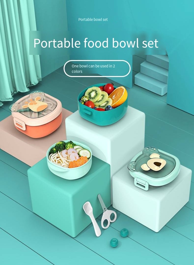 أطفال الهوغوز أدوات المائدة الخاصة بالأطفال صندوق الغداء إناء الطعام المحمول الغطاء مجموعة المقص إناء الملعقة متعدد القطع مجموعة الطعام مع وظيفة التجليخ سهولة تنظيف درجة الحرارة القابلة للضبط (أخضر) - Image 2